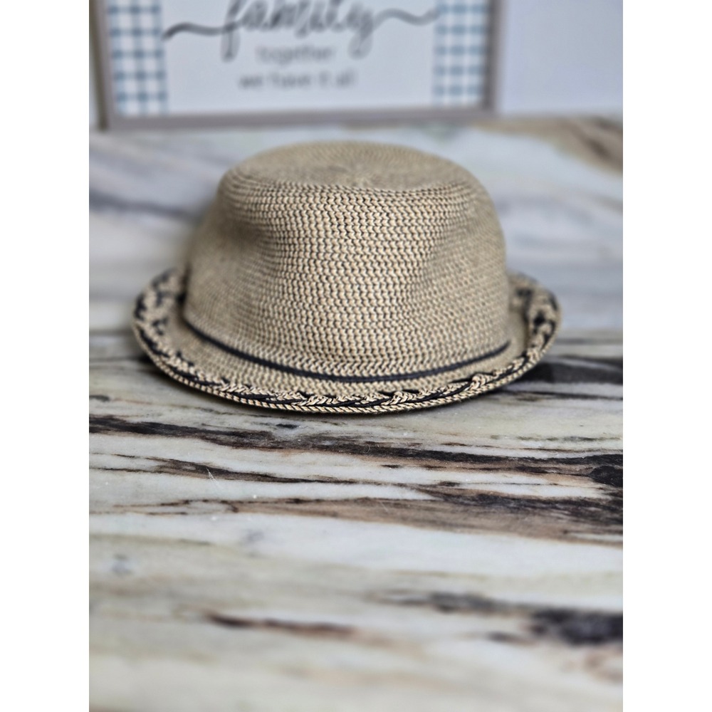 D&Y Tan Black Woven Paper Fedora Hat Braided Trim Sun Hat One Size Beach Summer